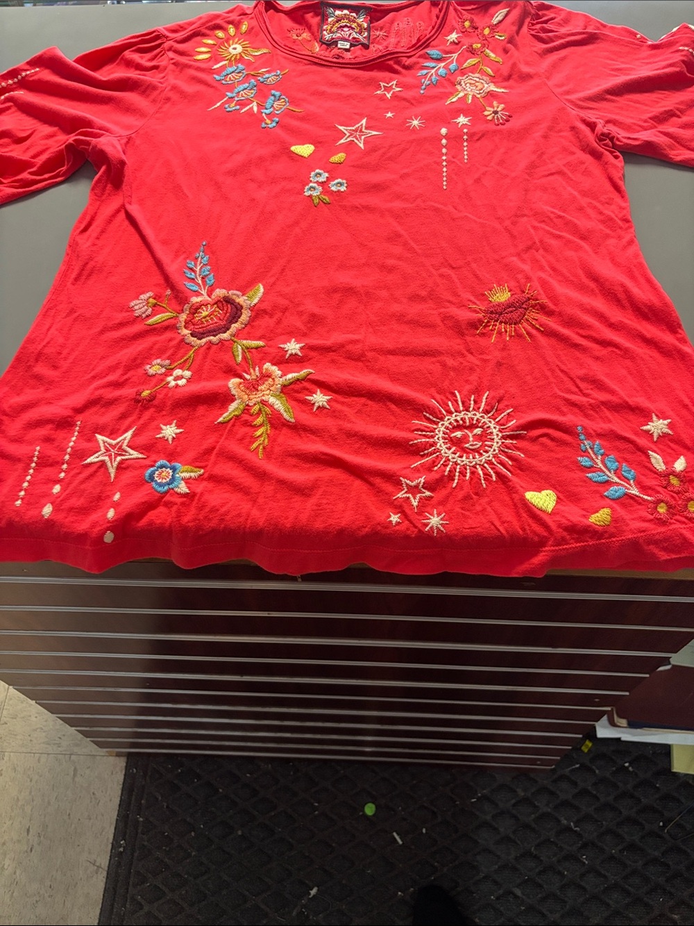 Johnny Was Red Long Sleeve Embroidered Floral & Sun Tee